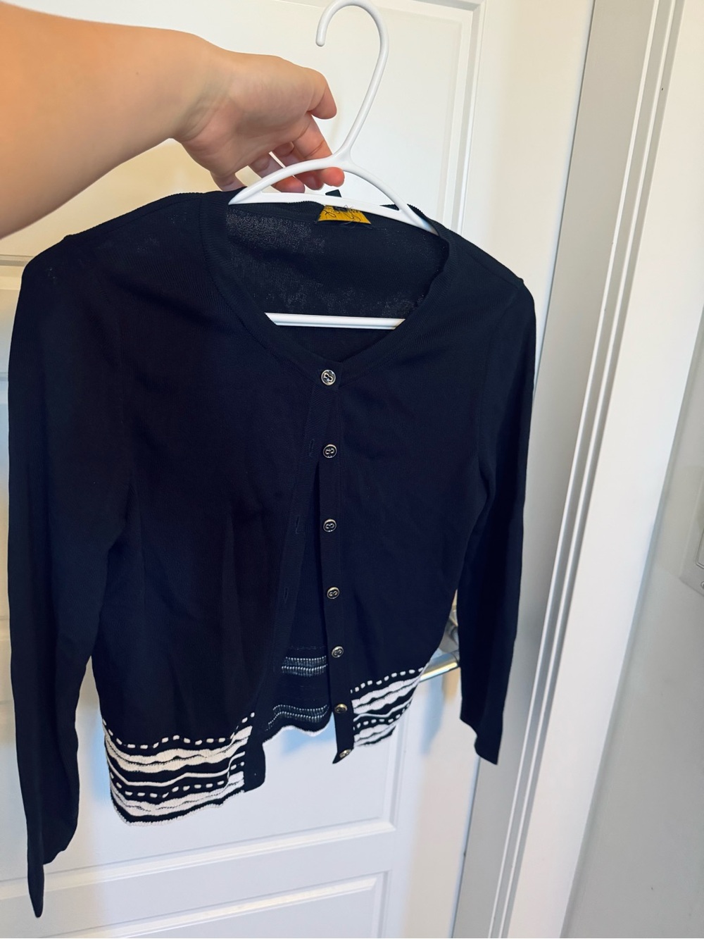 Luisa Spagnoli Black Cardigan with White Patterned Hem
